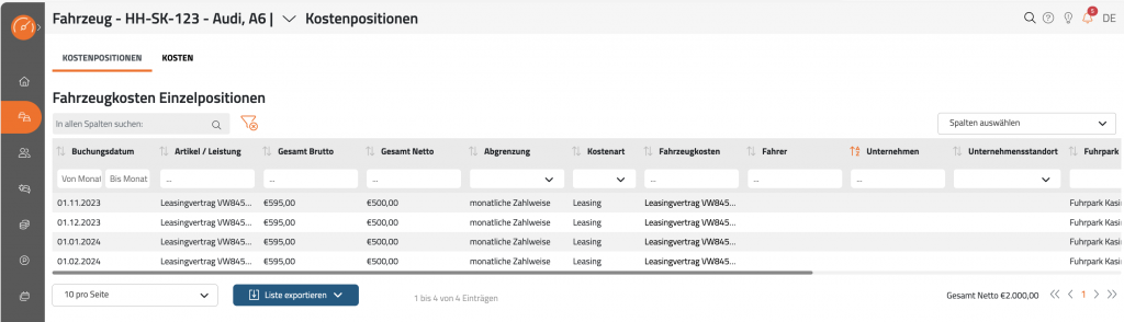 Abbildung: Fahrzeugakte / Kosten / Kosten