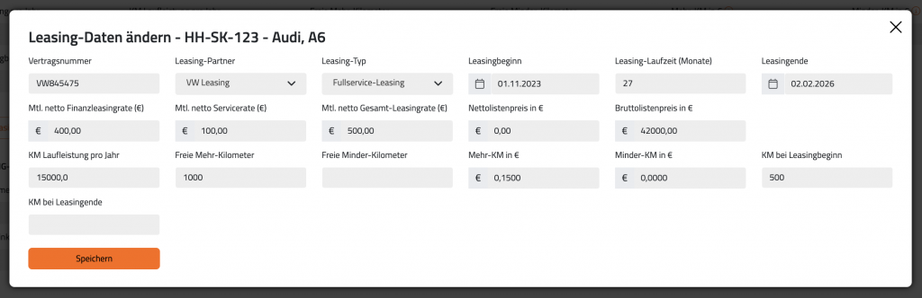 Detailbearbeitungs-Maske - Leasing-Daten ändern