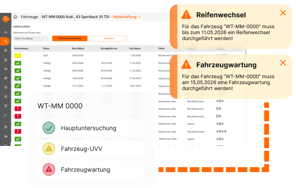 Fenster mit Fahrzeugwartungen zeigt aktuelle Benachrichtigungen
