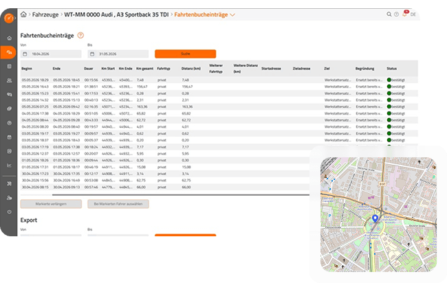 Fenster mit Fahrtenbuch und GPS-Position