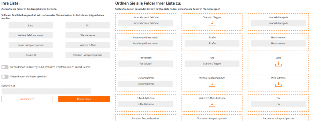 Kontaktlisten-Import – Zuordnung der Felder
