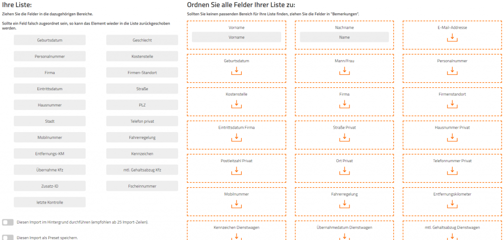 Ansicht der Importfelder für Fahrer
